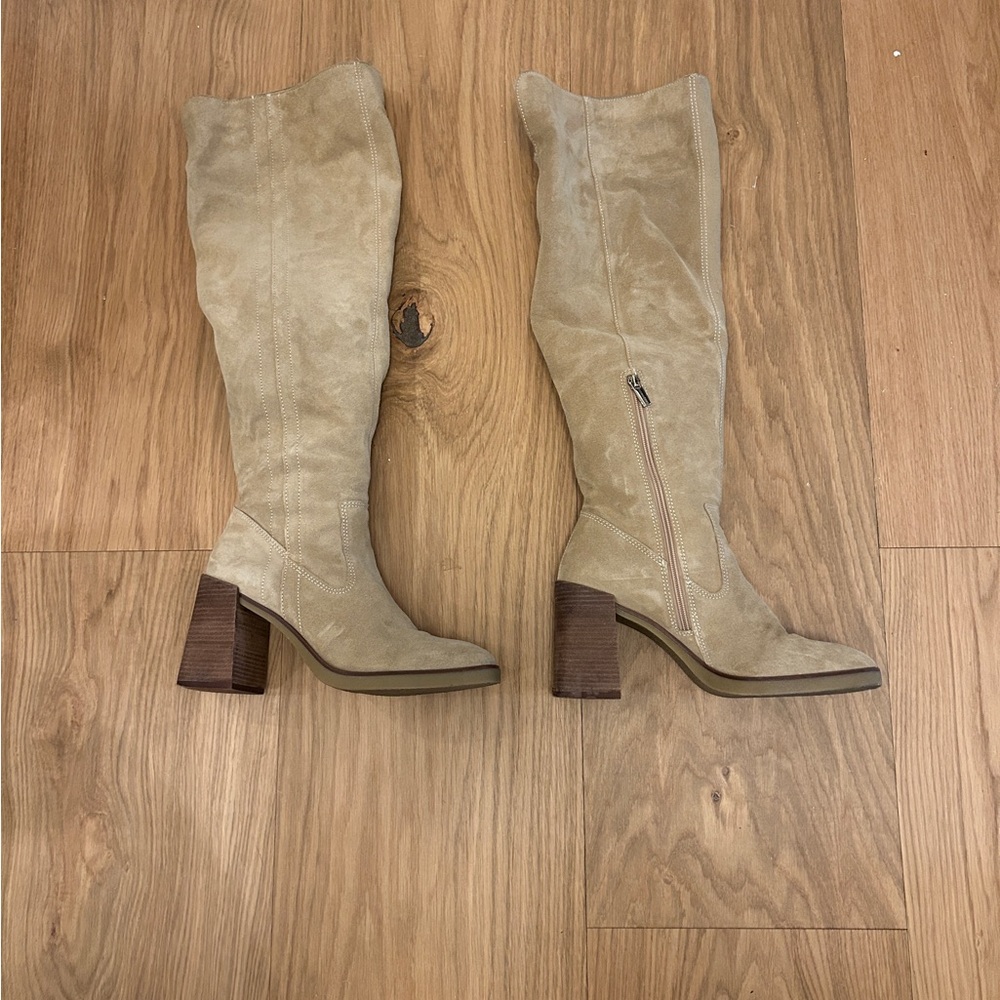 Vince Camuto Eyana 2 Beige Suede Over-the-Knee Block Heel Boots